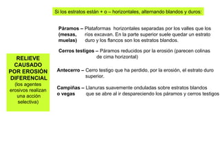 RELIEVE CAUSADO POR EROSIÓN DIFERENCIAL (los agentes erosivos realizan una acción selectiva) Si los estratos están + o – horizontales, alternando blandos y duros: Páramos –   Plataformas  horizontales separadas por los valles que los (mesas,   ríos excavan. En la parte superior suele quedar un estrato muelas)   duro y los flancos son los estratos blandos. Cerros testigos –   Páramos reducidos por la erosión (parecen colinas de cima horizontal) Antecerro –   Cerro testigo que ha perdido, por la erosión, el estrato duro superior. Campiñas –   Llanuras suavemente onduladas sobre estratos blandos  o vegas   que se abre al ir despareciendo los páramos y cerros testigos  