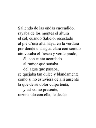 Saliendo de las ondas encendido, rayaba de los montes el altura el sol, cuando Salicio, recostado al pie d’una alta haya, en la verdura por donde una agua clara con sonido atravesaba el fresco y verde prado,      él, con canto acordado      al rumor que sonaba      del agua que pasaba, se quejaba tan dulce y blandamente como si no estuviera de allí ausente la que de su dolor culpa tenía,      y así como presente, razonando con ella, le decía: 