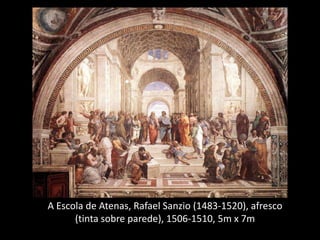 A Escola de Atenas, Rafael Sanzio (1483-1520), afresco
(tinta sobre parede), 1506-1510, 5m x 7m
 