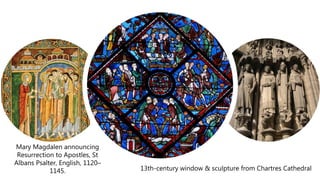 13th-century window & sculpture from Chartres Cathedral
Mary Magdalen announcing
Resurrection to Apostles, St
Albans Psalter, English, 1120–
1145.
 