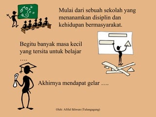 Mulai dari sebuah sekolah yang
menanamkan disiplin dan
kehidupan bermasyarakat.
Begitu banyak masa kecil
yang tersita untuk belajar
….
Akhirnya mendapat gelar ….
Oleh: Afiful Ikhwan (Tulungagung)
 
