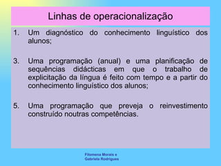 Linhas de operacionalização Um diagnóstico do conhecimento linguístico dos alunos; Uma programação (anual) e uma planificação de sequências didácticas em que o trabalho de explicitação da língua é feito com tempo e a partir do conhecimento linguístico dos alunos; Uma programação que preveja o reinvestimento construído noutras competências. Filomena Morais e Gabriela Rodrigues 