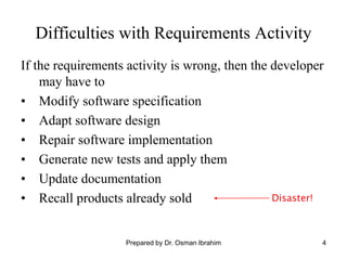 4
Difficulties with Requirements Activity
If the requirements activity is wrong, then the developer
may have to
• Modify software specification
• Adapt software design
• Repair software implementation
• Generate new tests and apply them
• Update documentation
• Recall products already sold Disaster!
Prepared by Dr. Osman Ibrahim
 