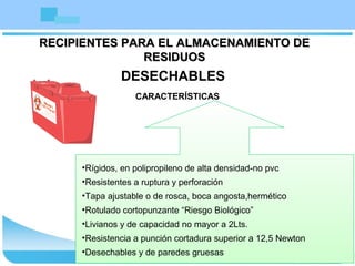 RECIPIENTES PARA EL ALMACENAMIENTO DERECIPIENTES PARA EL ALMACENAMIENTO DE
RESIDUOSRESIDUOS
DESECHABLES
CARACTERÍSTICAS
•Rígidos, en polipropileno de alta densidad-no pvc
•Resistentes a ruptura y perforación
•Tapa ajustable o de rosca, boca angosta,hermético
•Rotulado cortopunzante “Riesgo Biológico”
•Livianos y de capacidad no mayor a 2Lts.
•Resistencia a punción cortadura superior a 12,5 Newton
•Desechables y de paredes gruesas
 