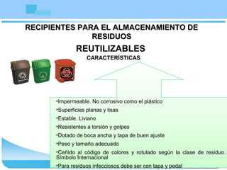 RECIPIENTES PARA EL ALMACENAMIENTO DERECIPIENTES PARA EL ALMACENAMIENTO DE
RESIDUOSRESIDUOS
REUTILIZABLES
CARACTERÍSTICAS
•Impermeable. No corrosivo como el plástico
•Superficies planas y lisas
•Estable. Liviano
•Resistentes a torsión y golpes
•Dotado de boca ancha y tapa de buen ajuste
•Peso y tamaño adecuado
•Ceñido al código de colores y rotulado según la clase de residuo.
Símbolo Internacional
•Para residuos infecciosos debe ser con tapa y pedal
 