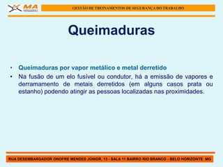 GESTÃO DE TREINAMENTOS DE SEGURANÇA DO TRABALHO




                          Queimaduras

• Queimaduras por vapor metálico e metal derretido
• Na fusão de um elo fusível ou condutor, há a emissão de vapores e
  derramamento de metais derretidos (em alguns casos prata ou
  estanho) podendo atingir as pessoas localizadas nas proximidades.




RUA DESEMBARGADOR ONOFRE MENDES JÚNIOR, 13 - SALA 11 BAIRRO RIO BRANCO - BELO HORIZONTE MG
 