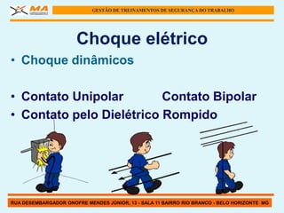 GESTÃO DE TREINAMENTOS DE SEGURANÇA DO TRABALHO




                      Choque elétrico
• Choque dinâmicos

• Contato Unipolar        Contato Bipolar
• Contato pelo Dielétrico Rompido




RUA DESEMBARGADOR ONOFRE MENDES JÚNIOR, 13 - SALA 11 BAIRRO RIO BRANCO - BELO HORIZONTE MG
 