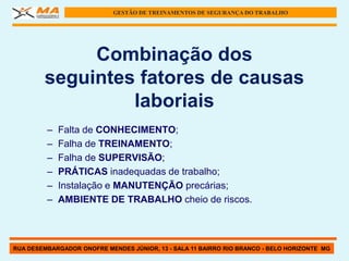 GESTÃO DE TREINAMENTOS DE SEGURANÇA DO TRABALHO




             Combinação dos
        seguintes fatores de causas
                 laboriais
         –   Falta de CONHECIMENTO;
         –   Falha de TREINAMENTO;
         –   Falha de SUPERVISÃO;
         –   PRÁTICAS inadequadas de trabalho;
         –   Instalação e MANUTENÇÃO precárias;
         –   AMBIENTE DE TRABALHO cheio de riscos.



RUA DESEMBARGADOR ONOFRE MENDES JÚNIOR, 13 - SALA 11 BAIRRO RIO BRANCO - BELO HORIZONTE MG
 