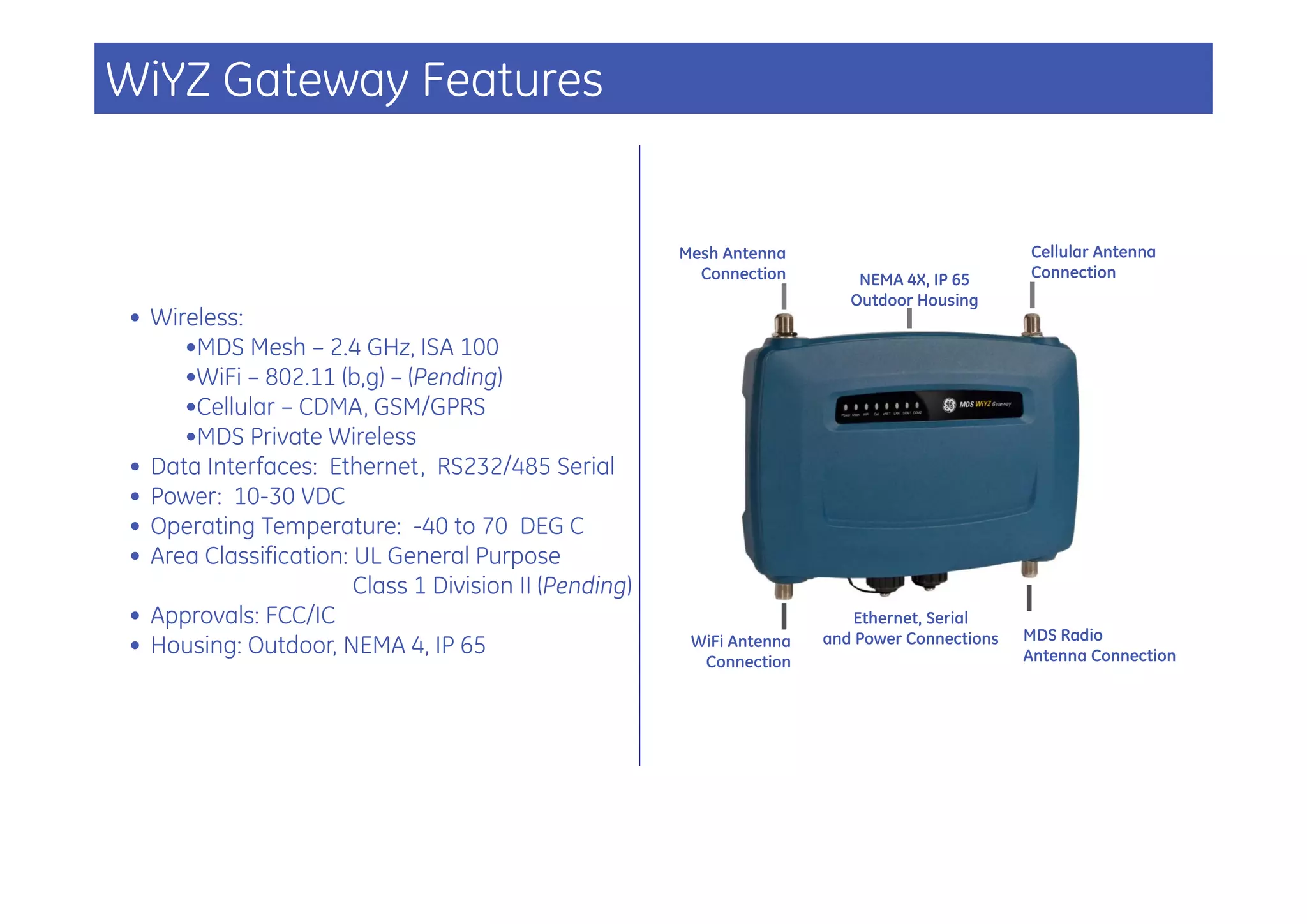 WiYZ Gateway Features


                                                       Mesh Antenna                            Cellular Antenna
                                                         Connection        NEMA 4X, IP 65      Connection
                                                                          Outdoor Housing
• Wireless:
     •MDS Mesh – 2.4 GHz, ISA 100
     •WiFi – 802.11 (b,g) – (Pending)
     •Cellular – CDMA, GSM/GPRS
     •MDS Private Wireless
• Data Interfaces: Ethernet, RS232/485 Serial
• Power: 10-30 VDC
• Operating Temperature: -40 to 70 DEG C
• Area Classification: UL General Purpose
                       Class 1 Division II (Pending)
• Approvals: FCC/IC                                                       Ethernet, Serial
                                                                       and Power Connections   MDS Radio
• Housing: Outdoor, NEMA 4, IP 65                       WiFi Antenna
                                                                                               Antenna Connection
                                                         Connection
 