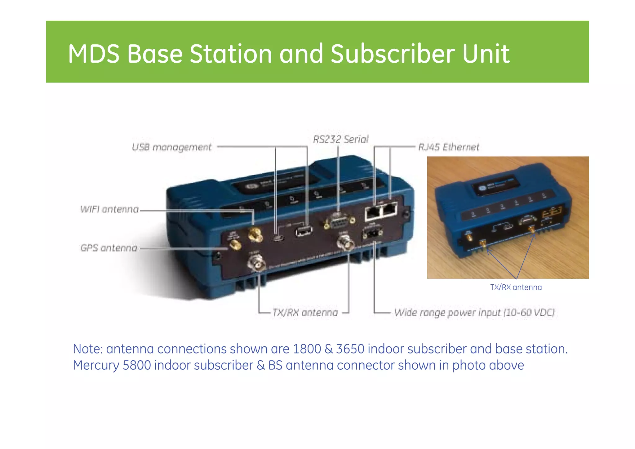 MDS Base Station and Subscriber Unit




                                                                      TX/RX antenna




Note: antenna connections shown are 1800 & 3650 indoor subscriber and base station.
Mercury 5800 indoor subscriber & BS antenna connector shown in photo above
 