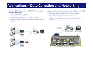 Applications – Data Collection and Networking
Use the Cellular infrastructure or MDS eNET for long range      Bridge a local WiFi network onto long range Cellular or MDS eNET
access to remote sites
                                                                 • Access remote WiFi networks using the WiYZ Gateway
 • Cellular GSM/GPRS and CDMA
                                                                 • Bridge WiFi onto a public or private infrastructure
 • Poll data using Modbus or FTP for bulk file transfer
                                                                 • Optionally connect Ethernet or serial devices directly to the
 • Wirelessly connect with remote controllers, meters and RTU      Gateway
   devices
 