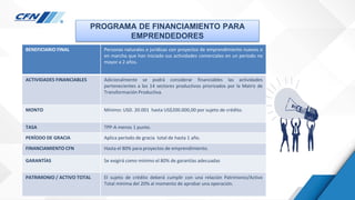 PROGRAMA DE FINANCIAMIENTO PARA
EMPRENDEDORES
BENEFICIARIO FINAL Personas naturales o jurídicas con proyectos de emprendimiento nuevos o
en marcha que han iniciado sus actividades comerciales en un periodo no
mayor a 2 años.
ACTIVIDADES FINANCIABLES Adicionalmente se podrá considerar financiables las actividades
pertenecientes a los 14 sectores productivos priorizados por la Matriz de
Transformación Productiva.
MONTO Mínimo: USD. 20.001 hasta US$200.000,00 por sujeto de crédito.
TASA TPP-A menos 1 punto.
PERÍODO DE GRACIA Aplica período de gracia total de hasta 1 año.
FINANCIAMIENTO CFN Hasta el 80% para proyectos de emprendimiento.
GARANTÍAS Se exigirá como mínimo el 80% de garantías adecuadas
PATRIMONIO / ACTIVO TOTAL El sujeto de crédito deberá cumplir con una relación Patrimonio/Activo
Total mínima del 20% al momento de aprobar una operación.
 