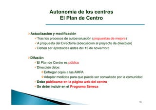 Autonomía de los centros
                El Plan de Centro

Actualización y modificación
    Tras los procesos de autoevaluación (propuestas de mejora)
    A propuesta d l Di t / ( d
              t del Director/a (adecuación al proyecto d di
                                       ió l         t de dirección)
                                                               ió )
    Deben ser aprobadas antes del 15 de noviembre

Difusión
    El Plan de Centro es público
    Dirección debe:
         Entregar copia a las AMPA
         Adoptar medidas para que pueda ser consultado por la comunidad
    Debe publicarse en la página web del centro
    Se debe incluir en el Programa Séneca



                                                                      13
 