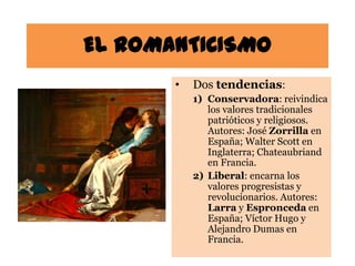 EL ROMANTICISMO
       •   Dos tendencias:
           1) Conservadora: reivindica
              los valores tradicionales
              patrióticos y religiosos.
              Autores: José Zorrilla en
              España; Walter Scott en
              Inglaterra; Chateaubriand
              en Francia.
           2) Liberal: encarna los
              valores progresistas y
              revolucionarios. Autores:
              Larra y Espronceda en
              España; Víctor Hugo y
              Alejandro Dumas en
              Francia.
 
