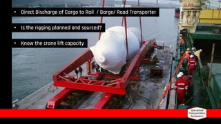 • Direct Discharge of Cargo to Rail / Barge/ Road Transporter
• Know the crane lift capacity
• Is the rigging planned and sourced?
 