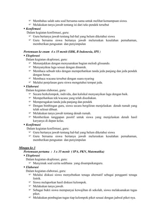  Membahas salah satu soal bersama-sama untuk melihat kemampuan siswa.
       Melakukan tanya jawab tentang isi dari teks pendek tersebut
    Konfirmasi
     Dalam kegiatan konfirmasi, guru:
       Guru bertanya jawab tentang hal-hal yang belum diketahui siswa
       Guru bersama siswa bertanya jawab meluruskan kesalahan pemahaman,
          memberikan penguatan dan penyimpulan

   Pertemuan ke enam 4 x 35 menit (SBK, B Indonesia, IPS )
    Eksplorasi
     Dalam kegiatan eksplorasi, guru:
       Menunjukkan dengan menyuarakan bagian melodi glissando.
       Menyanyikna lagu sesuai dengan dinamik.
       Membaca sebuah teks dengan memperhatikan tanda jeda panjang dan jeda pendek
          dengan benar.
       Membaca wacana tersebut dengan suara nyaring
       Melalui penjelasan guru siswa mengetahui tempat jeda.
    Elaborasi
     Dalam kegiatan elaborasi, guru:
       Secara berkelompok, individu, dan kalsikal menyanyikan lagu dengan baik.
       Memperhatikan tek/wacana yang telah disediakan.
       Memperagakan tanda jeda panjang dan pendek
       Dengan bimbingan guru, siswa secara bergiliran menjelaskan denah rumah yang
          telah selesai dibuat.
       Melakukan tanya jawab tentang denah rumah.
       Memberikan tanggapan positif untuk siswa yang menjelaskan denah hasil
          karyanya di depan kelas.
    Konfirmasi
     Dalam kegiatan konfirmasi, guru:
       Guru bertanya jawab tentang hal-hal yang belum diketahui siswa
       Guru bersama siswa bertanya jawab meluruskan kesalahan pemahaman,
          memberikan penguatan dan penyimpulan

Minggu ke 3
   Pertemuan pertama : 3 x 35 menit ( IPA, PKN, Matematika)
    Eksplorasi
     Dalam kegiatan eksplorasi, guru:
       Menyimak soal cerita sedrhana yang disampaikanguru.
    Elaborasi
     Dalam kegiatan elaborasi, guru:
       Melalui diskusi siswa menyebutkan tenaga alternatif sebagai pengganti tenaga
          listrik.
       Siswa melaporkan hasil diskusi kelompok.
       Melakukan tanya jawab.
       Sebagai bukti siswa mempunyai kewajiban di sekolah, siswa melaksanakan tugas
          piket.
       Melakukan pembagian tugas tiap kelompok piket sesuai dengan jadwal piket nya.
 