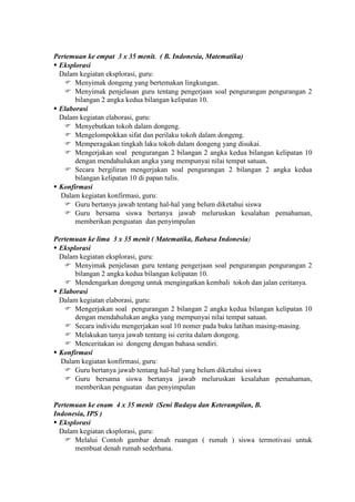 Pertemuan ke empat 3 x 35 menit. ( B. Indonesia, Matematika)
 Eksplorasi
  Dalam kegiatan eksplorasi, guru:
    Menyimak dongeng yang bertemakan lingkungan.
    Menyimak penjelasan guru tentang pengerjaan soal pengurangan pengurangan 2
       bilangan 2 angka kedua bilangan kelipatan 10.
 Elaborasi
  Dalam kegiatan elaborasi, guru:
    Menyebutkan tokoh dalam dongeng.
    Mengelompokkan sifat dan perilaku tokoh dalam dongeng.
    Memperagakan tingkah laku tokoh dalam dongeng yang disukai.
    Mengerjakan soal pengurangan 2 bilangan 2 angka kedua bilangan kelipatan 10
       dengan mendahulukan angka yang mempunyai nilai tempat satuan.
    Secara bergiliran mengerjakan soal pengurangan 2 bilangan 2 angka kedua
       bilangan kelipatan 10 di papan tulis.
 Konfirmasi
  Dalam kegiatan konfirmasi, guru:
    Guru bertanya jawab tentang hal-hal yang belum diketahui siswa
    Guru bersama siswa bertanya jawab meluruskan kesalahan pemahaman,
       memberikan penguatan dan penyimpulan

Pertemuan ke lima 3 x 35 menit ( Matematika, Bahasa Indonesia)
 Eksplorasi
  Dalam kegiatan eksplorasi, guru:
    Menyimak penjelasan guru tentang pengerjaan soal pengurangan pengurangan 2
       bilangan 2 angka kedua bilangan kelipatan 10.
    Mendengarkan dongeng untuk mengingatkan kembali tokoh dan jalan ceritanya.
 Elaborasi
  Dalam kegiatan elaborasi, guru:
    Mengerjakan soal pengurangan 2 bilangan 2 angka kedua bilangan kelipatan 10
       dengan mendahulukan angka yang mempunyai nilai tempat satuan.
    Secara individu mengerjakan soal 10 nomer pada buku latihan masing-masing.
    Melakukan tanya jawab tentang isi cerita dalam dongeng.
    Menceritakan isi dongeng dengan bahasa sendiri.
 Konfirmasi
  Dalam kegiatan konfirmasi, guru:
    Guru bertanya jawab tentang hal-hal yang belum diketahui siswa
    Guru bersama siswa bertanya jawab meluruskan kesalahan pemahaman,
       memberikan penguatan dan penyimpulan

Pertemuan ke enam 4 x 35 menit (Seni Budaya dan Keterampilan, B.
Indonesia, IPS )
 Eksplorasi
  Dalam kegiatan eksplorasi, guru:
    Melalui Contoh gambar denah ruangan ( rumah ) siswa termotivasi untuk
       membuat denah rumah sederhana.
 