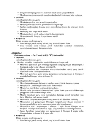  Dengan bimbingan guru siswa membuat denah rumah yang sederhana.
       Mendengarkan dongeng untuk mengingatkan kembali tokoh dan jalan ceritanya.
    Elaborasi
     Dalam kegiatan elaborasi, guru:
       Melakukan gerakan yang sesuai dengan tepukan
       Memeragakan tepukan atau gerakan sesuai dengan lagu.
       Setelah mendengarkan dongeng siswa menyebutkan tokoh dan sifat dari tokoh
          dongeng
       Memajang hasil karya denah rumah
       Melakukan tanya jawab tentang isi cerita dalam dongeng.
       Menceritakan isi dongeng dengan bahasa sendiri.
    Konfirmasi
     Dalam kegiatan konfirmasi, guru:
       Guru bertanya jawab tentang hal-hal yang belum diketahui siswa
       Guru bersama siswa bertanya jawab meluruskan kesalahan pemahaman,
          memberikan penguatan dan penyimpulan

Minggu ke 2
   Pertemuan pertama : 3 x 35 menit ( IPA, PKN, Matematika)
    Eksplorasi
     Dalam kegiatan eksplorasi, guru:
      Memberi tanda bila kewajiban itu sudah dilaksanakan dengan baik.
       Menyimak penjelasan guru tentang pengerjaan soal pengurangan pengurangan 2
          bilangan 2 angka kedua bilangan kelipatan 10.
       Melalui penjelasan dan pengamatan siswa menyebutkan emergi yang banyak
          digunakan dalam kehidupan sehari-hari.
       Menyimak penjelasan guru tentang pengerjaan soal pengurangan 2 bilangan 2
          angka kedua bilangan bukan kelipatan 10.
    Elaborasi
     Dalam kegiatan elaborasi, guru:
       Menyebutkan kegunaan dari energi matahari, energi listrik, dan energi panas.
       Mengerjakan Lembar kerja Siswa secara berkelompok.
       Melaporkan hasil diskusi sedrhana di depan kelas.
       Melalui cerita, guru memberikan motivasi kepada siswa agar menceritakan tugas
          yang pernah dilaksanakan sebagai murid.
       Melalui penjelasan guru, siswa menyebutkan beberapa contoh kewajiban yang
          harus dilakukan oleh seorang murid.
       Menuliskan kewajiban-kewajiban seorang murid di SD Assalaam Bandung.
       Mengerjakan soal pengurangan 2 bilangan 2 angka kedua bilangan kelipatan 10
          dengan mendahulukan angka yang mempunyai nilai tempat satuan.
       Mengerjakan soal pengurangan 2 bilangan 2 angka kedua bilangan bukan
          kelipatan 10 dengan mendahulukan angka yang mempunyai nilai tempat satuan.
       Secara bergiliran mengerjakan soal pengurangan 2 bilangan 2 angka kedua
          bilangan bukan kelipatan 10 di papan tulis.
    Konfirmasi
     Dalam kegiatan konfirmasi, guru:
       Guru bertanya jawab tentang hal-hal yang belum diketahui siswa
 