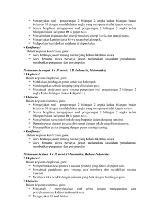  Mengerjakan soal pengurangan 2 bilangan 2 angka kedua bilangan bukan
       kelipatan 10 dengan mendahulukan angka yang mempunyai nilai tempat satuan.
    Secara bergiliran mengerjakan soal pengurangan 2 bilangan 2 angka kedua
       bilangan bukan kelipatan 10 di papan tulis.
    Menyebutkan kegunaan dari energi matahari, energi listrik, dan energi panas.
    Mengerjakan Lembar kerja Siswa secara berkelompok.
    Melaporkan hasil diskusi sedrhana di depan kelas.
 Konfirmasi
  Dalam kegiatan konfirmasi, guru:
    Guru bertanya jawab tentang hal-hal yang belum diketahui siswa
    Guru bersama siswa bertanya jawab meluruskan kesalahan pemahaman,
       memberikan penguatan dan penyimpulan

Pertemuan ke empat 3 x 35 menit. ( B. Indonesia, Matematika)
 Eksplorasi
  Dalam kegiatan eksplorasi, guru:
    Melakukan pembagian peran untuk tiap kelompok.
    Mendengarkan sebuah dongeng yang dibacakan guru.
    Menyimak penjelasan guru tentang pengerjaan soal pengurangan 2 bilangan 2
       angka kedua bilangan bukan kelipatan 10.
 Elaborasi
  Dalam kegiatan elaborasi, guru:
    Mengerjakan soal pengurangan 2 bilangan 2 angka kedua bilangan bukan
       kelipatan 10 dengan mendahulukan angka yang mempunyai nilai tempat satuan.
    Secara bergiliran mengerjakan soal pengurangan 2 bilangan 2 angka kedua
       bilangan bukan kelipatan 10 di papan tulis.
    Menyebutkan nama tokoh-tokoh yang berperan dalam dongeng tersebut.
    Bermain peran dengan percaya diri sesuai dengan tokoh yang dibawakannya.
    Menampilkan cerita dongeng dengan peran masing-masing.
 Konfirmasi
  Dalam kegiatan konfirmasi, guru:
    Guru bertanya jawab tentang hal-hal yang belum diketahui siswa
    Guru bersama siswa bertanya jawab meluruskan kesalahan pemahaman,
       memberikan penguatan dan penyimpulan

Pertemuan ke lima 3 x 35 menit ( Matematika, Bahasa Indonesia)
 Eksplorasi
  Dalam kegiatan eksplorasi, guru:
    Memperhatikan teks pendek ( wacana pendek) yang ditulis di papan tulis.
    Menyimak penjelasan guru tentang cara membaca dan melafalkan wacana
       tersebut.
    Membaca teks pendek dengan intonasi yang baik dengan bimbingan guru.
 Elaborasi
  Dalam kegiatan elaborasi, guru:
    Menjawab / menyelesaikan soal cerita dengan menggunakan cara
       penyelesaiannya/ kalimat matematikanya.
    Mengerjakan 10 soal latihan
 