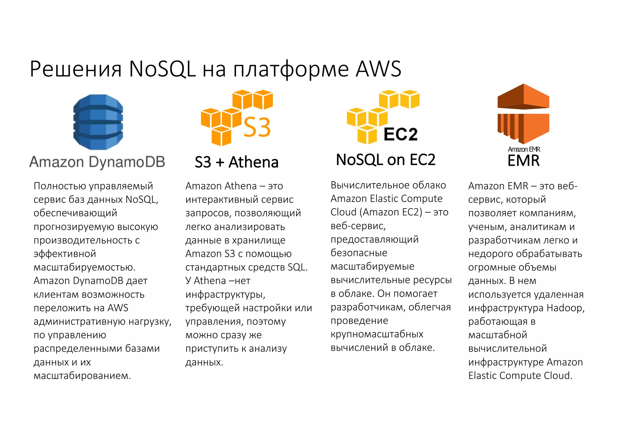 Решения	NoSQL	на	платформе	AWS
S3	+	Athena NoSQL	on	EC2
Полностью	управляемый	
сервис	баз	данных	NoSQL,	
обеспечивающий	
прогнозируемую	высокую	
производительность	с	
эффективной	
масштабируемостью.	
Amazon DynamoDB дает	
клиентам	возможность	
переложить	на	AWS	
административную	нагрузку,	
по	управлению	
распределенными	базами	
данных	и	их	
масштабированием.
Amazon Athena – это	
интерактивный	сервис	
запросов,	позволяющий	
легко	анализировать	
данные	в	хранилище	
Amazon S3	с	помощью	
стандартных	средств SQL.	
У	Athena –нет	
инфраструктуры,	
требующей	настройки	или	
управления,	поэтому	
можно	сразу	же	
приступить	к	анализу	
данных.	
Вычислительное	облако	
Amazon Elastic Compute
Cloud (Amazon EC2) – это	
веб-сервис,	
предоставляющий	
безопасные	
масштабируемые	
вычислительные	ресурсы	
в	облаке.	Он	помогает	
разработчикам,	облегчая	
проведение	
крупномасштабных	
вычислений	в	облаке.
Amazon EMR – это	веб-
сервис,	который	
позволяет	компаниям,	
ученым,	аналитикам	и	
разработчикам	легко	и	
недорого	обрабатывать	
огромные	объемы	
данных.	В	нем	
используется	удаленная	
инфраструктура	Hadoop,	
работающая	в	
масштабной	
вычислительной	
инфраструктуре	Amazon
Elastic Compute Cloud.
EMR
 