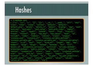 Hashes
 >> h.methods.sort
=> ["==", "===", "=~", "[]", "[]=", "__id__", "__send__", "all?", "any?",
"class", "clear", "clone", "collect", "default", "default=",
"default_proc", "delete", "delete_if", "detect", "display", "dup", "each",
"each_key", "each_pair", "each_value", "each_with_index", "empty?",
"entries", "eql?", "equal?", "extend", "fetch", "find", "find_all",
"freeze", "frozen?", "grep", "has_key?", "has_value?", "hash", "id",
"include?", "index", "indexes", "indices", "inject", "inspect",
"instance_eval", "instance_of?", "instance_variable_defined?",
"instance_variable_get", "instance_variable_set", "instance_variables",
"invert", "is_a?", "key?", "keys", "kind_of?", "length", "map", "max",
"member?", "merge", "merge!", "method", "methods", "min", "nil?",
"object_id", "parametros_variaveis", "partition", "private_methods",
"protected_methods", "public_methods", "rehash", "reject", "reject!",
"replace", "respond_to?", "select", "send", "shift", "singleton_methods",
"size", "sort", "sort_by", "store", "taguri", "taguri=", "taint",
"tainted?", "to_a", "to_hash", "to_s", "to_yaml", "to_yaml_properties",
"to_yaml_style", "type", "untaint", "update", "value?", "values",
"values_at", "yaml_initialize", "zip"]
 