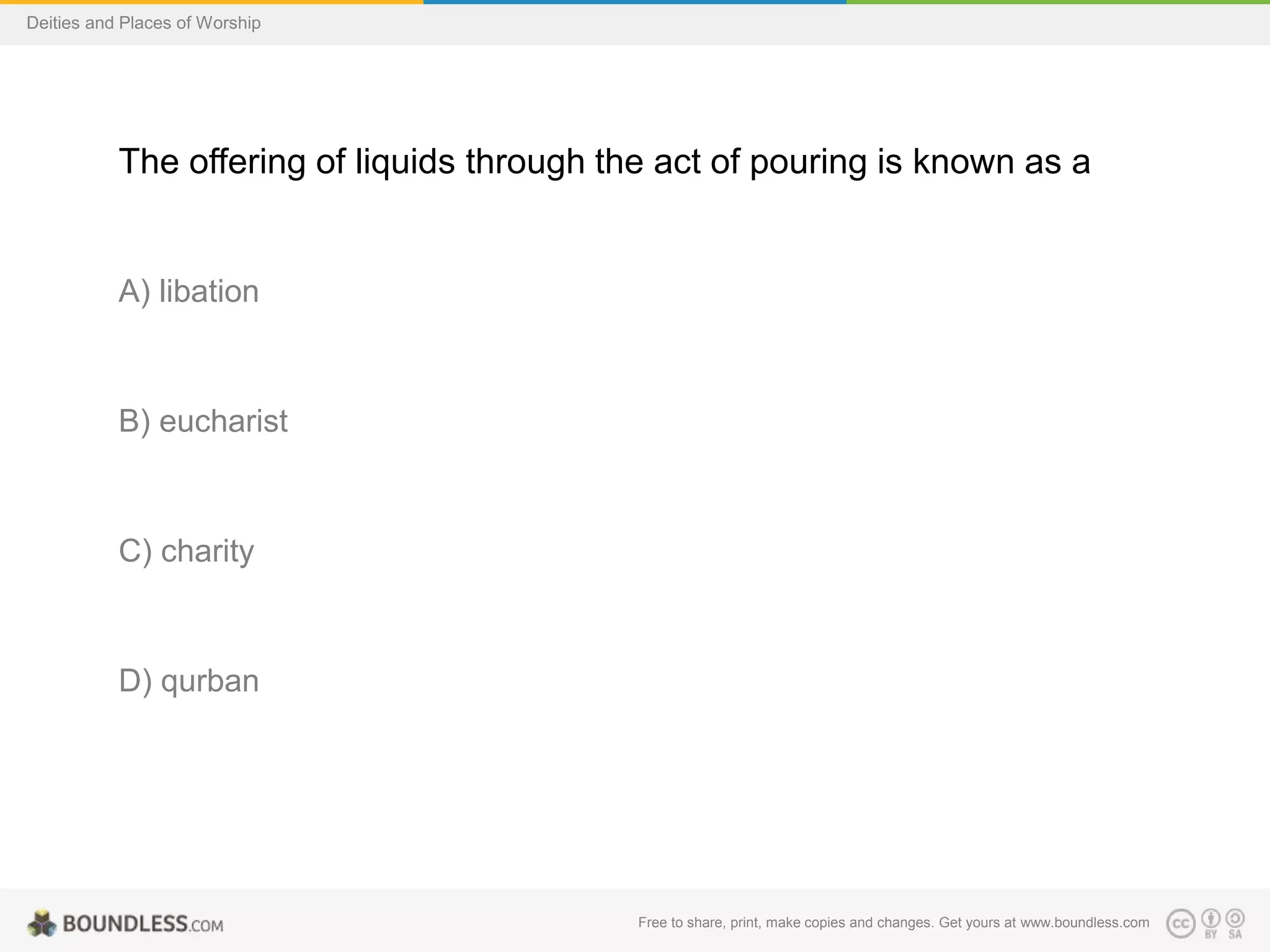 Free to share, print, make copies and changes. Get yours at www.boundless.com
Deities and Places of Worship
The offering of liquids through the act of pouring is known as a
A) libation
B) eucharist
C) charity
D) qurban
 