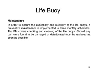 18
Life Buoy
Maintenance
In order to ensure the availability and reliability of the life buoys, a
preventive maintenance is implemented in three monthly schedules.
The PM covers checking and cleaning of the life buoys. Should any
part were found to be damaged or deteriorated must be replaced as
soon as possible
 