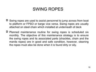 19
SWING ROPES
 Swing ropes are used to assist personnel to jump across from boat
to platform or FPSO or barge vice versa. Swing ropes are usually
attached on steel chain which installed at underneath of deck
 Planned maintenance routine for swing ropes is scheduled six
monthly. The objective of this maintenance strategy is to ensure
the swing ropes and its associated parts (shackles, chain and the
manila ropes) are in good and safe condition, however, cleaning
the ropes must also be done when it is found dirty or oily.
 