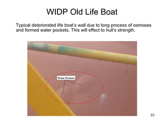23
WIDP Old Life Boat
Typical deteriorated life boat’s wall due to long process of osmoses
and formed water pockets. This will effect to hull’s strength.
 