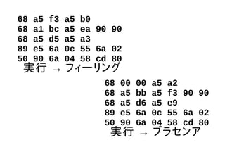 68 a5 f3 a5 b0
68 a1 bc a5 ea 90 90
68 a5 d5 a5 a3
89 e5 6a 0c 55 6a 02
50 90 6a 04 58 cd 80
68 00 00 a5 a2
68 a5 bb a5 f3 90 90
68 a5 d6 a5 e9
89 e5 6a 0c 55 6a 02
50 90 6a 04 58 cd 80
実行 → フィーリング
実行 → ブラセンア
 