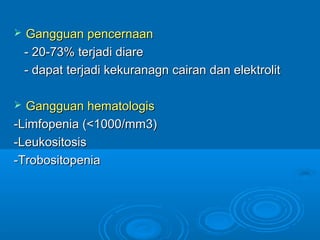  GGaanngggguuaann ppeenncceerrnnaaaann 
-- 2200--7733%% tteerrjjaaddii ddiiaarree 
-- ddaappaatt tteerrjjaaddii kkeekkuurraannaaggnn ccaaiirraann ddaann eelleekkttrroolliitt 
 GGaanngggguuaann hheemmaattoollooggiiss 
--LLiimmffooppeenniiaa ((<<11000000//mmmm33)) 
--LLeeuukkoossiittoossiiss 
--TTrroobboossiittooppeenniiaa 
 