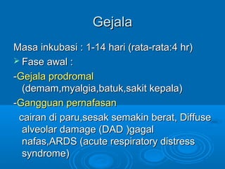 GGeejjaallaa 
MMaassaa iinnkkuubbaassii :: 11--1144 hhaarrii ((rraattaa--rraattaa::44 hhrr)) 
 FFaassee aawwaall :: 
--GGeejjaallaa pprrooddrroommaall 
((ddeemmaamm,,mmyyaallggiiaa,,bbaattuukk,,ssaakkiitt kkeeppaallaa)) 
--GGaanngggguuaann ppeerrnnaaffaassaann 
ccaaiirraann ddii ppaarruu,,sseessaakk sseemmaakkiinn bbeerraatt,, DDiiffffuussee 
aallvveeoollaarr ddaammaaggee ((DDAADD ))ggaaggaall 
nnaaffaass,,AARRDDSS ((aaccuuttee rreessppiirraattoorryy ddiissttrreessss 
ssyynnddrroommee)) 
 