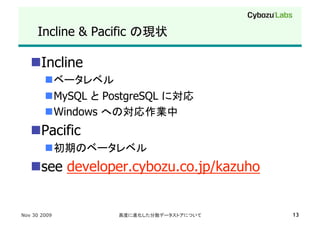 Incline & Pacific       

    Incline
         
         MySQL PostgreSQL
         Windows
    Pacific
         
    see developer.cybozu.co.jp/kazuho


Nov 30 2009                              13
 