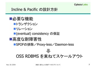 Incline & Pacific                

    
         
         
         (eventual) consistency
    
         SPOF          Proxy-less   Daemon-less


              OSS RDBMS
Nov 30 2009                                        7
 