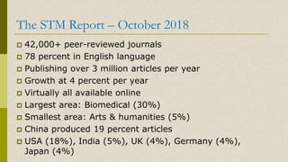 The STM Report – October 2018
42,000+ peer-reviewed journals
78 percent in English language
Publishing over 3 million articles per year
Growth at 4 percent per year
Virtually all available online
Largest area: Biomedical (30%)
Smallest area: Arts & humanities (5%)
China produced 19 percent articles
USA (18%), India (5%), UK (4%), Germany (4%),
Japan (4%)