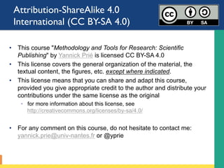 Attribution-ShareAlike 4.0
International (CC BY-SA 4.0)
•  This course "Methodology and Tools for Research: Scientific
Publishing" by Yannick Prié is licensed CC BY-SA 4.0
•  This license covers the general organization of the material, the
textual content, the figures, etc. except where indicated.
•  This license means that you can share and adapt this course,
provided you give appropriate credit to the author and distribute your
contributions under the same license as the original
◦  for more information about this license, see
http://creativecommons.org/licenses/by-sa/4.0/
•  For any comment on this course, do not hesitate to contact me:
yannick.prie@univ-nantes.fr or @yprie
 