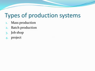 Types of production systems
1. Mass production
2. Batch production
3. Job shop
4. project
 