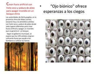 Crean lluvia artificial con
hielo seco y yoduro de plata             •      “Ojo biónico" ofrece
para apagar incendio en un
bosque chino
                                             esperanzas a los ciegos
Las autoridades de Qinhuangdao, en la
provincia china de Hebei (norte),
lanzaron hoy a la atmósfera cohetes
con hielo seco y yoduro de plata desde
siete lugares diferentes para crear
lluvia artificial y apagar un incendio
que se generó en un bosque.
  Según el gobierno municipal, se
espera que los 129 cohetes originen
suficiente lluvia que ayude a los
bomberos a sofocar las llamas.
 