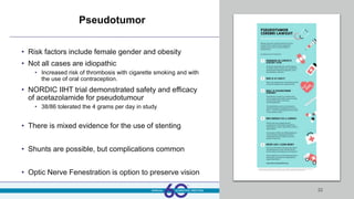 Pseudotumor
• Risk factors include female gender and obesity
• Not all cases are idiopathic
• Increased risk of thrombosis with cigarette smoking and with
the use of oral contraception.
• NORDIC IIHT trial demonstrated safety and efficacy
of acetazolamide for pseudotumour
• 38/86 tolerated the 4 grams per day in study
• There is mixed evidence for the use of stenting
• Shunts are possible, but complications common
• Optic Nerve Fenestration is option to preserve vision
22
 