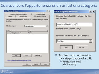 Sovrascrivere l’appartenenza di un url ad una categoria




                                Administrator can override
                                the categorization of a URL
                                   Feedback to MRS
                                   via Telemetry


                                                              34
 