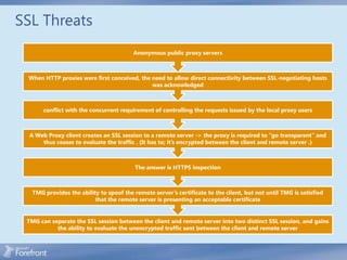 SSL Threats
                                         Anonymous public proxy servers



 When HTTP proxies were first conceived, the need to allow direct connectivity between SSL-negotiating hosts
                                             was acknowledged



       conflict with the concurrent requirement of controlling the requests issued by the local proxy users



  A Web Proxy client creates an SSL session to a remote server -> the proxy is required to “go transparent” and
      thus ceases to evaluate the traffic . (It has to; it’s encrypted between the client and remote server .)



                                          The answer is HTTPS inspection



   TMG provides the ability to spoof the remote server’s certificate to the client, but not until TMG is satisfied
                          that the remote server is presenting an acceptable certificate


 TMG can separate the SSL session between the client and remote server into two distinct SSL session, and gains
           the ability to evaluate the unencrypted traffic sent between the client and remote server
 