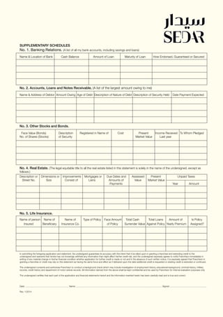 SUPPLEMENTARY SCHEDULES
No. 1. Banking Relations. (A list of all my bank accounts, including savings and loans)
Name & Location of Bank Cash Balance Amount of Loan Maturity of Loan How Endorsed, Guaranteed or Secured
No. 2. Accounts, Loans and Notes Receivable. (A list of the largest amount owing to me)
No. 3. Other Stocks and Bonds.
No. 4. Real Estate. (The legal equitable title to all the real estate listed in this statement is solely in the name of the undersigned, except as
follows:)
No. 5. Life Insurance.
Name & Address of Debtor Amount Owing Age of Debt Description of Nature of Debt Description of Security Held Date Payment Expected
Face Value (Bonds) Description Registered in Name of Cost Present Income Recieved To Whom Pledged
No. of Shares (Stocks) of Security 	 	 Market Value Last year
Description or Dimensions or Improvements Mortgages or Due Dates and Assessed Present Unpaid Taxes
Street No. Size Consist of Liens Amounts of Value Market Value
Payments Year Amount
Name of person Name of Name of Type of Policy Face Amount Total Cash Total Loans Amount of Is Policy
Insured Beneficiary Insurance Co. of Policy Surrender Value Against Policy Yearly Premium Assigned?
In submitting the foregoing application and statement, the undersigned guarantees its accuracy with the intent that it be relied upon in granting a franchise and extending credit to the
undersigned and warrants that he/she has not knowingly withheld any information that might affect his/her credit risk, and the undersigned expressly agrees to notify Franchisor immediately in
writing of any material change in his/her financial condition whether application for further credit is made or not and in the absence of such written notice, it is expressly agreed that Franchisor in
granting a franchise or credit may rely on this statement as having the same force and effect as if delivered upon the date additional credit is requested or existing credit is extended or continued.
The undersigned consents and authorizes Franchisor to conduct a background check which may include investigation of employment history, educational background, criminal history, military
records, credit history and department of motor vehicle records. All information derived from the above shall be kept confidential and be used by Franchisor for internal evaluation purposes only.
The undersigned certifies that each part of the application and financial statements hereof and the information inserted herein has been carefully read and is true and correct.
Date: ..................................................................... Name: ......................................................................................................................................... Signed ...........................................................
Rev. 1/2014
 