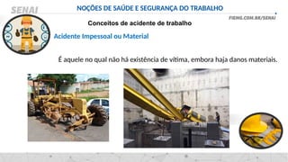 NOÇÕES DE SAÚDE E SEGURANÇA DO TRABALHO
Conceitos de acidente de trabalho
Acidente Impessoal ou Material
É aquele no qual não há existência de vítima, embora haja danos materiais.
 
