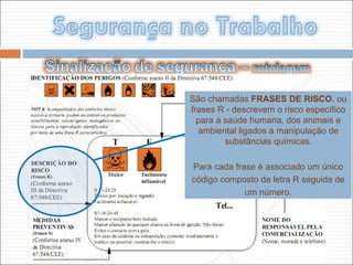 São chamadas  FRASES DE RISCO , ou frases R - descrevem o risco específico para a saúde humana, dos animais e ambiental ligados a manipulação de substâncias químicas. Para cada frase é associado um único código composto da letra R seguida de um número. 