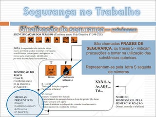 São chamadas  FRASES DE SEGURANÇA , ou frases S - indicam precauções a tomar na utilização das substâncias químicas.  Representam-se pela  letra S seguida de números 