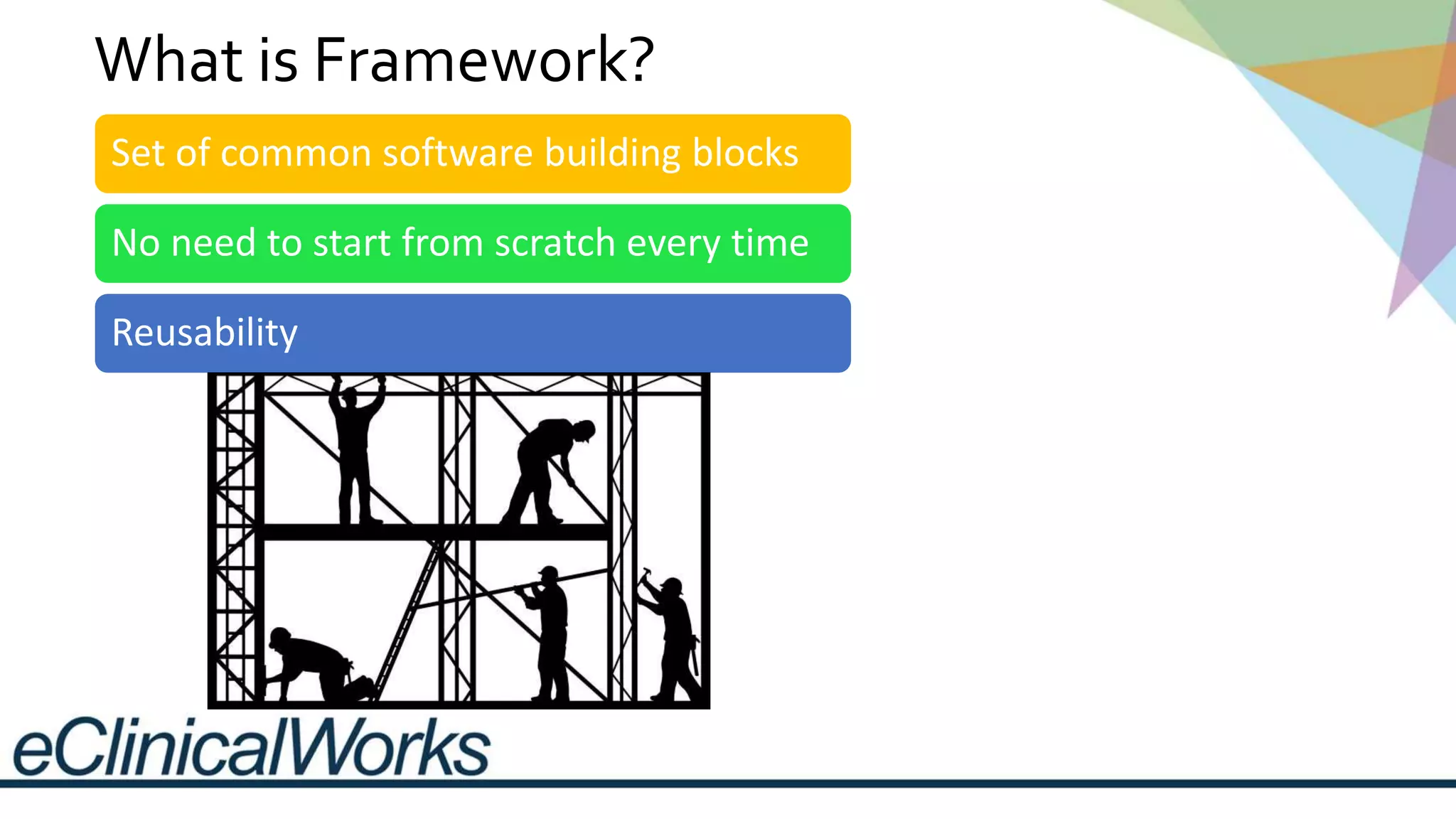 What is Framework?
Set of common software building blocks
No need to start from scratch every time
Reusability
 