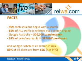 FACTS- 90% web sessions begin with a search- 85% of ALL traffic is referred via a search engine- Google Australia = 300,000 searches/min- 61% of searches result in OFFLINE purchasesand Google is 87% of all search in Aus89% of all clicks are from SEO (not PPC)