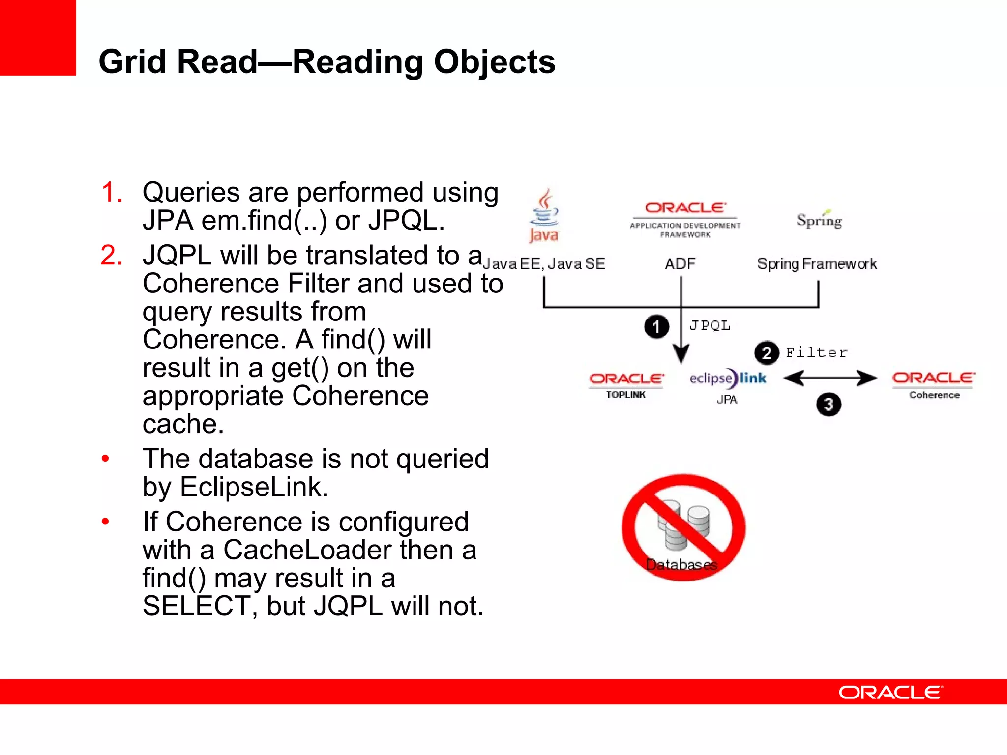 Grid Read—Reading Objects Queries are performed using JPA em.find(..) or JPQL. JQPL will be translated to a Coherence Filter and used to query results from Coherence. A find() will result in a get() on the appropriate Coherence cache. The database is not queried by EclipseLink. If Coherence is configured with a CacheLoader then a find() may result in a SELECT, but JQPL will not. 