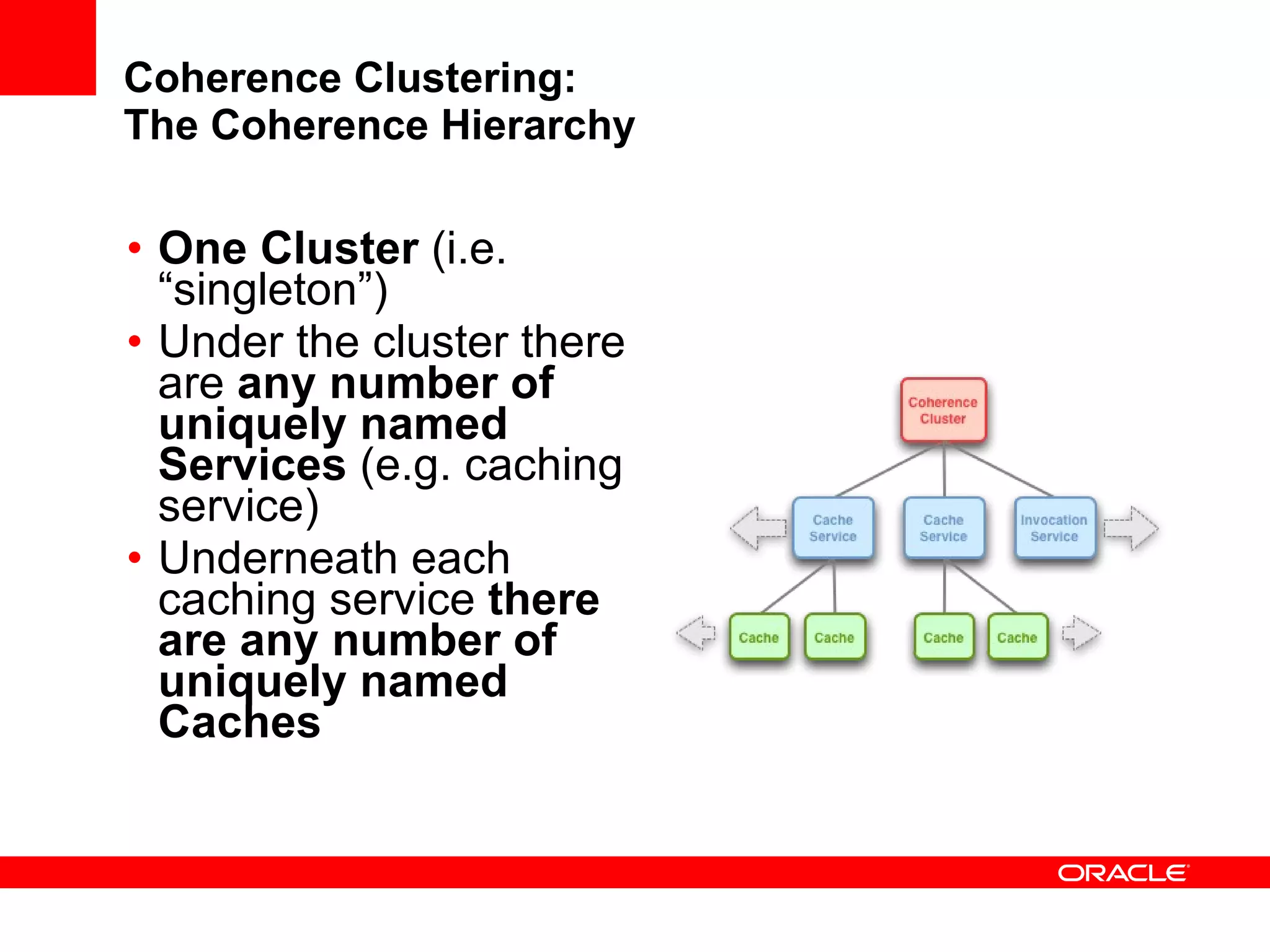 Coherence Clustering: The Coherence Hierarchy One Cluster  (i.e. “singleton”) Under the cluster there are  any number of uniquely named Services  (e.g. caching service) Underneath each caching service  there are any number of uniquely named Caches 