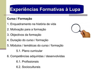 Experiências Formativas à Lupa  Curso / Formação 1. Enquadramento na história de vida 2. Motivação para a formação  3. Objectivos da formação  4. Duração do curso / formação 5. Módulos / temáticas do curso / formação 5.1. Plano curricular 6. Competências adquiridas / desenvolvidas  6.1. Profissionais 6.2. Socioculturais 